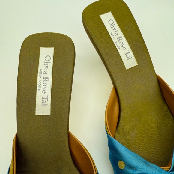 Olivia Rose Tal Duponi Silk Mules Sz 10 Gold Green Blue 2.5" Heels  NWOT - Picture 2 of 11